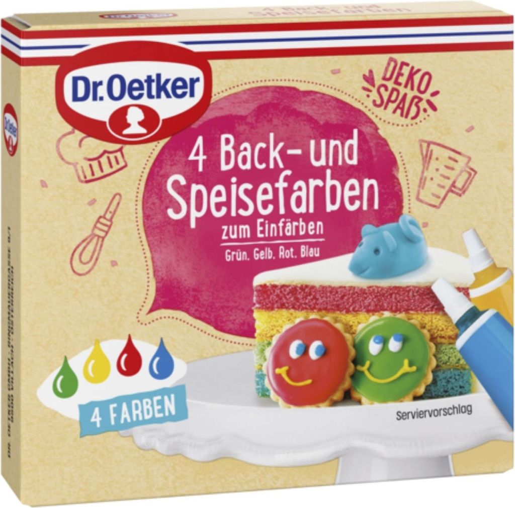 A product box for Dr. Oetker food coloring, featuring an illustration of a cake and cookies decorated with the product.