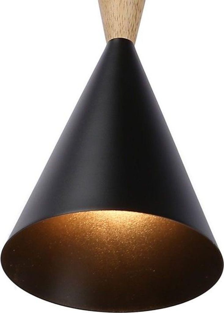 A close-up shot of a pendant light with a black conical shade and a wooden top.