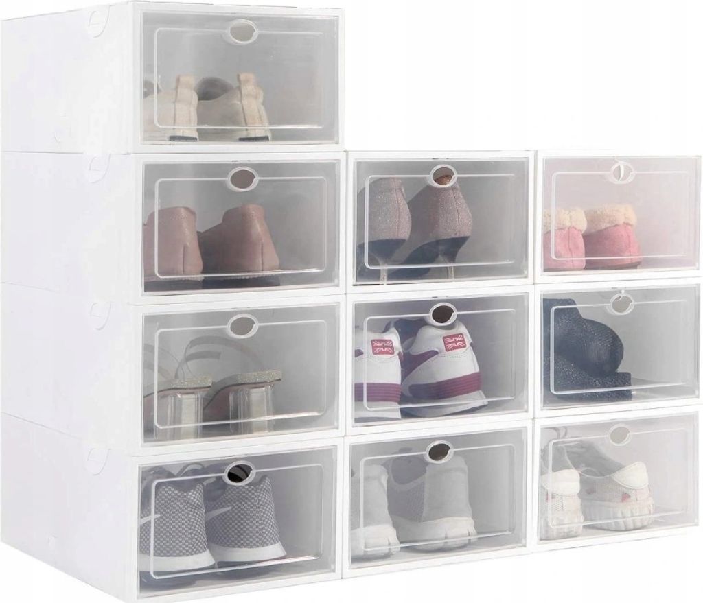 A grid of white shoe boxes with clear fronts, each containing a pair of shoes.