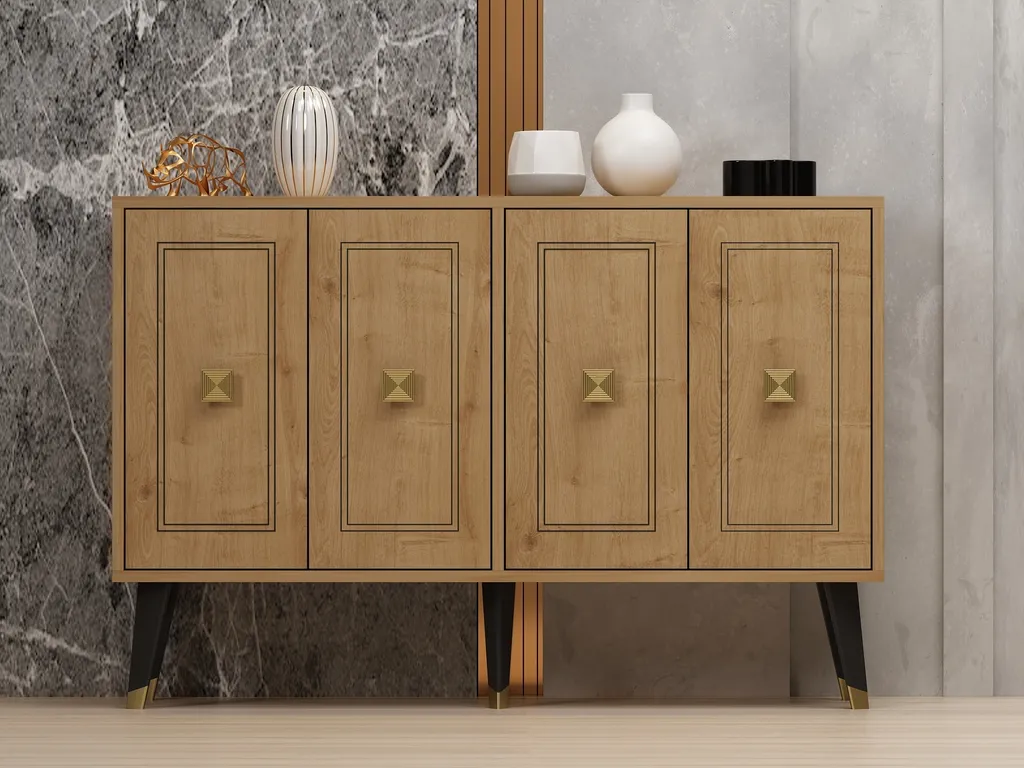 Console d'Entrée Hartın Skye Decor 120cm, Meuble Déco Chêne et Or