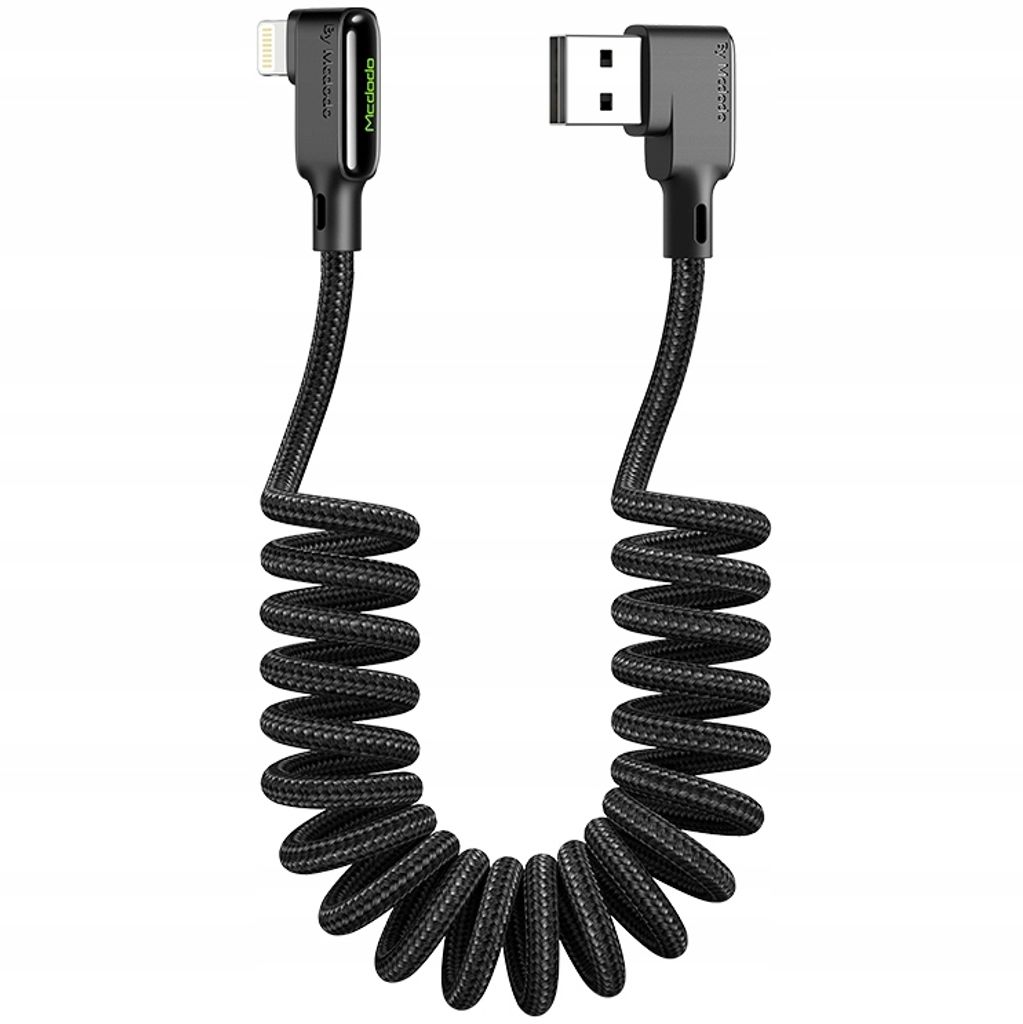 A black coiled charging cable with a 90-degree Lightning connector on one end and a USB-A connector on the other.