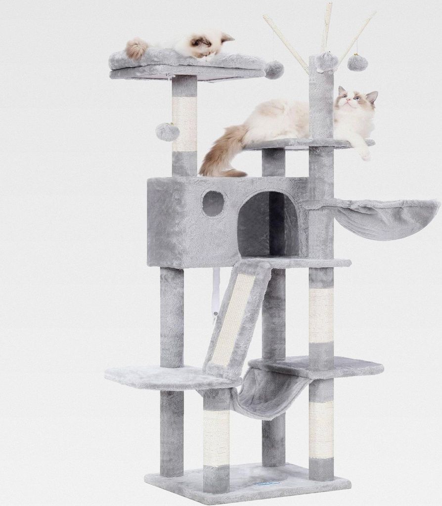 Kratzbaum, 135 cm Indoor Katzenbaum, Mit gepolsterter Plattform Bett, Spielzeug Ball, Höhlen, Hängematte und Sisal Kratzbaum Katzenhaus, Hellgrau...
