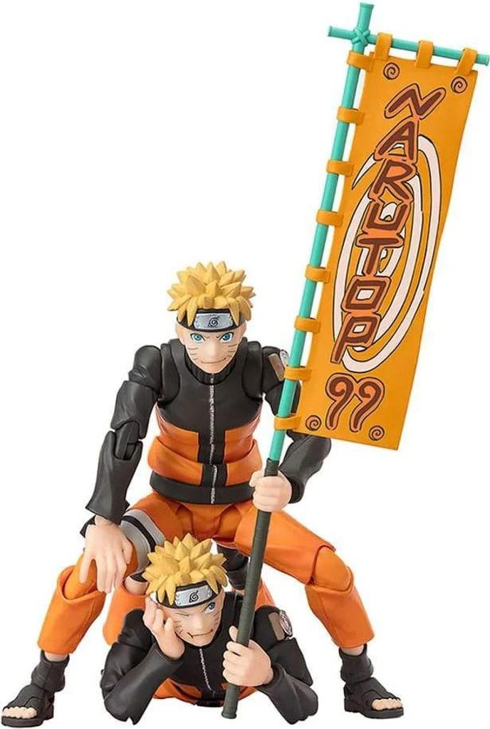 Two Naruto action figures are posed together, one sitting on the other's shoulders, holding a banner.