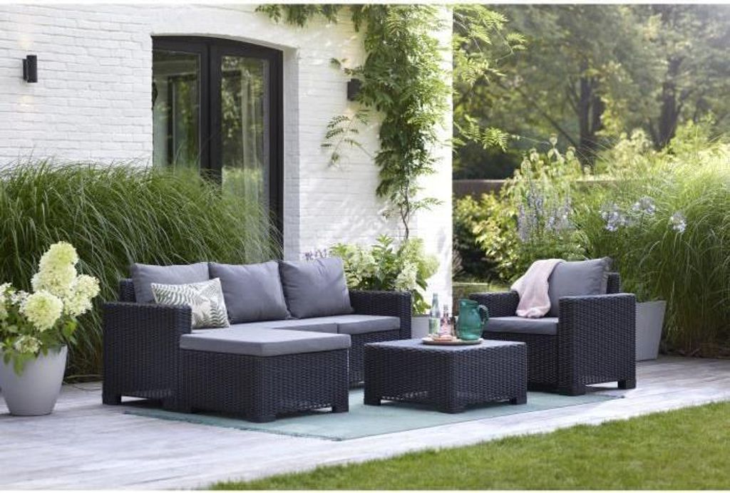 Gartenmöbel Set, 5 Personen, Rattan Optik, Moorea, Graphitgrau, Inklusive Kissen