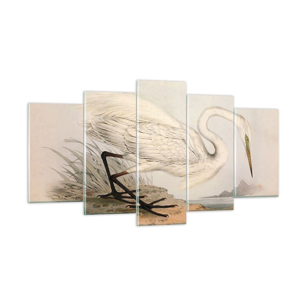 Bilder auf glas - 5 Teile - Vogel Weiß Reiher - 160x85cm - Glasbilder - Wandbilder - Bilder - zum Aufhängen bereit - Wanddekoration aus Glas - Gl...