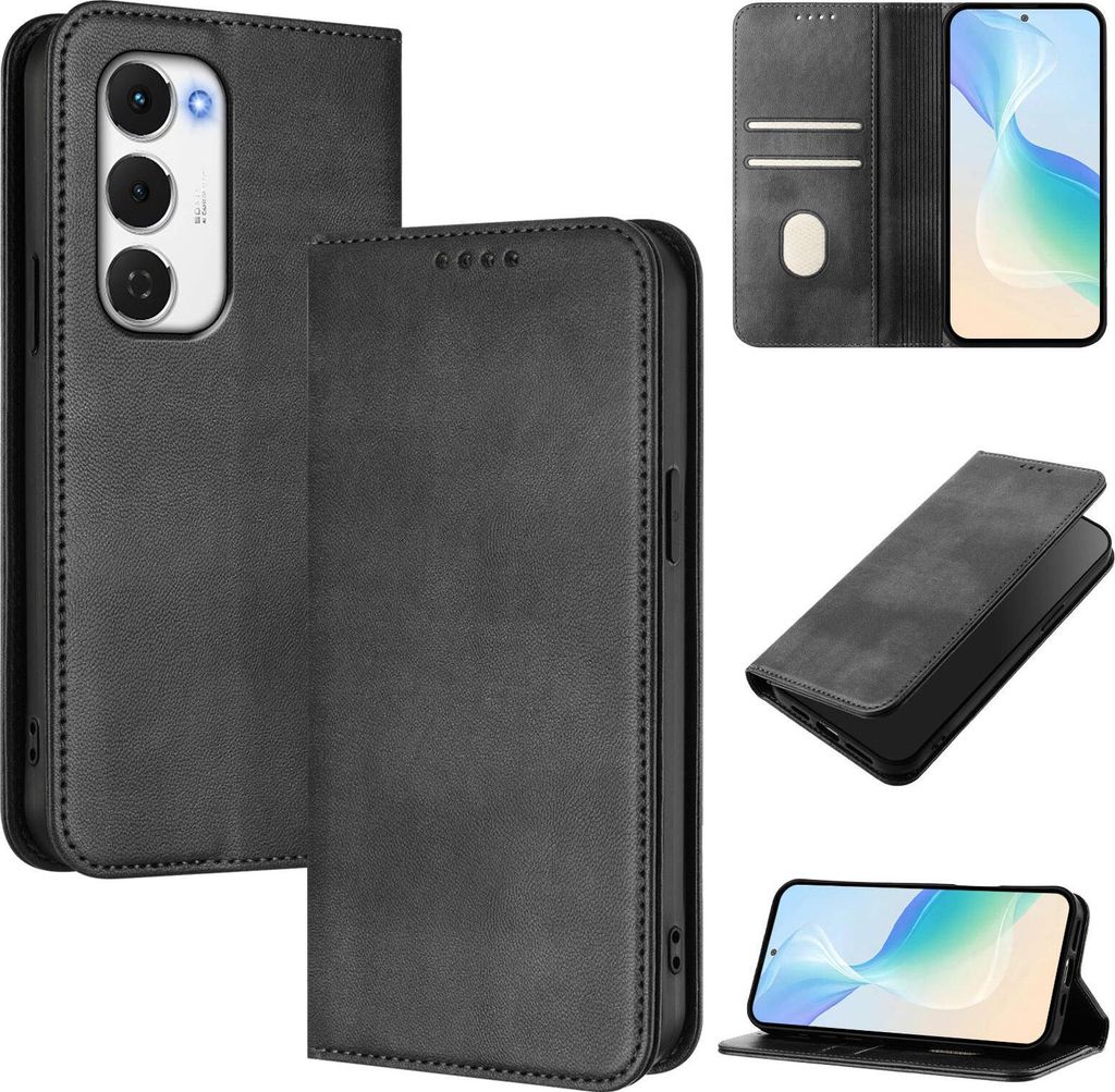 Handyhülle für Tecno Spark 40 Pro+, Vintage Leder RFID Schutz Kartenfach Standfunktion Magnetische Klapphülle Schwarz