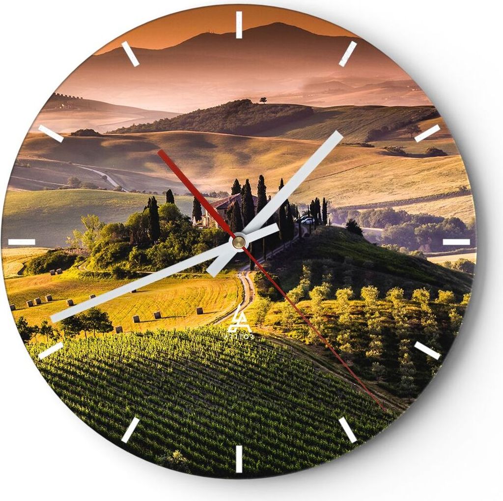 Wanduhr - Rund - Glasuhr - Landwirtschaft Bauernhof Toskana Weinberg - 30x30cm - Schleichendes Uhrwerk - Lautlos - zum Aufhängen bereit - Dekorati...