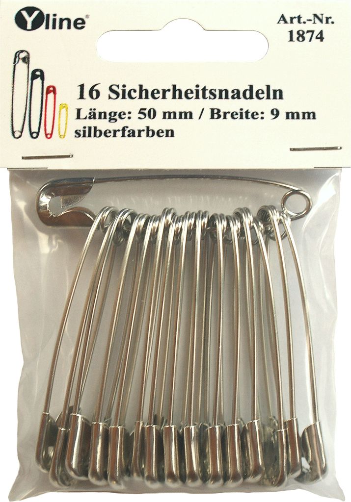16 Stück Maxi Sicherheitsnadeln 50 mm, groß, silberfarben, Produktbild 