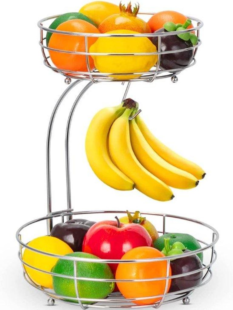 Moderner Obstkorb mit Bananenhalter 2 Etagen Silber Metall