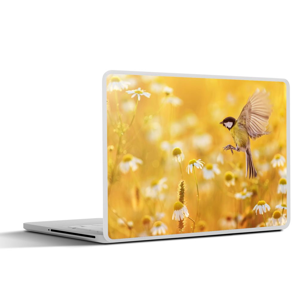 MuchoWow Laptop Aufkleber Sticker Cover Vogel - Kohlmeise - Blumen - Gänseblümchen 30x22 cm - Laptop-Sticker