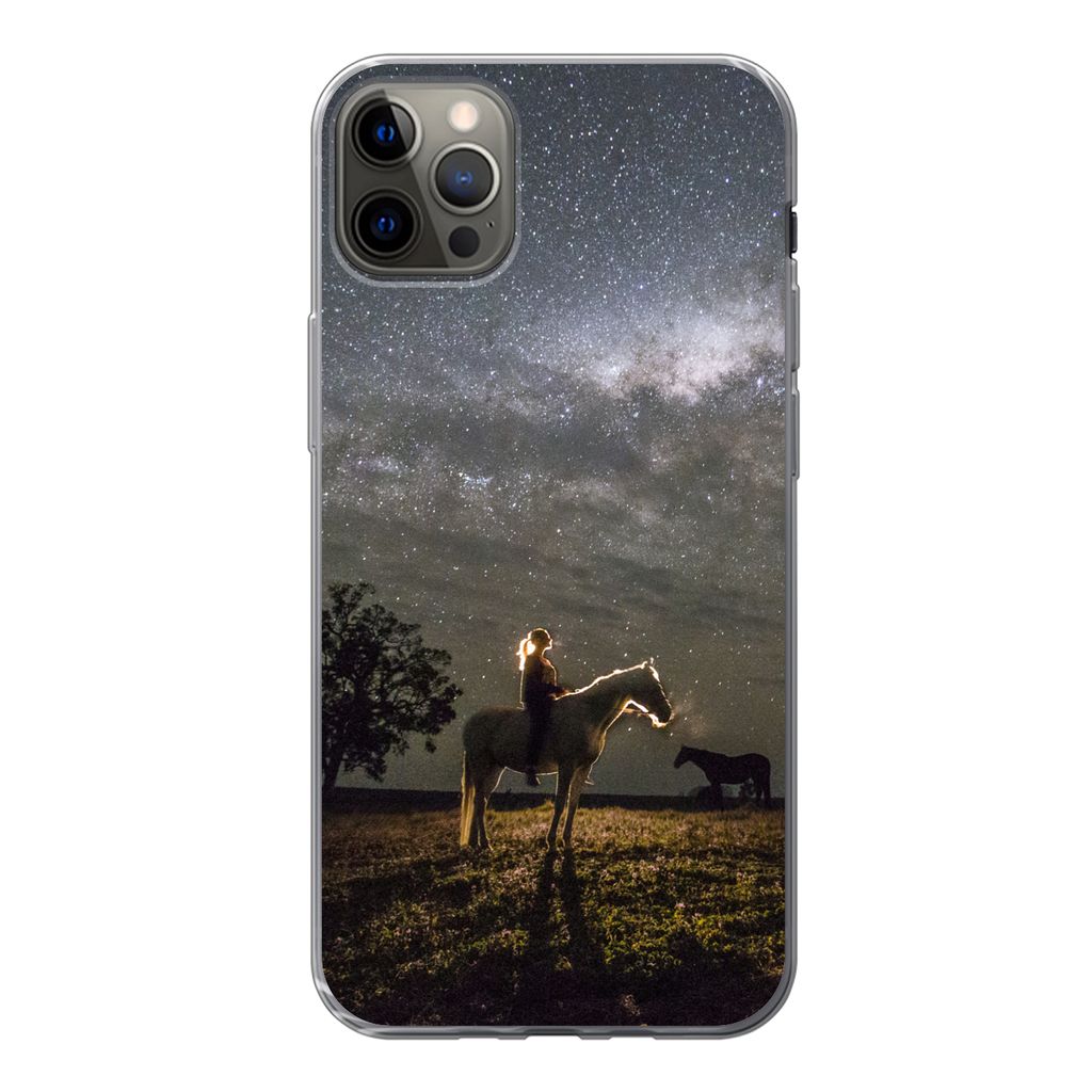 MuchoWow Handyhülle Schutzhülle Hülle für iPhone 12 Pro Max Pferd - Frau - Sternenhimmel Silikon Softcase Handy Hülle - Hartschale