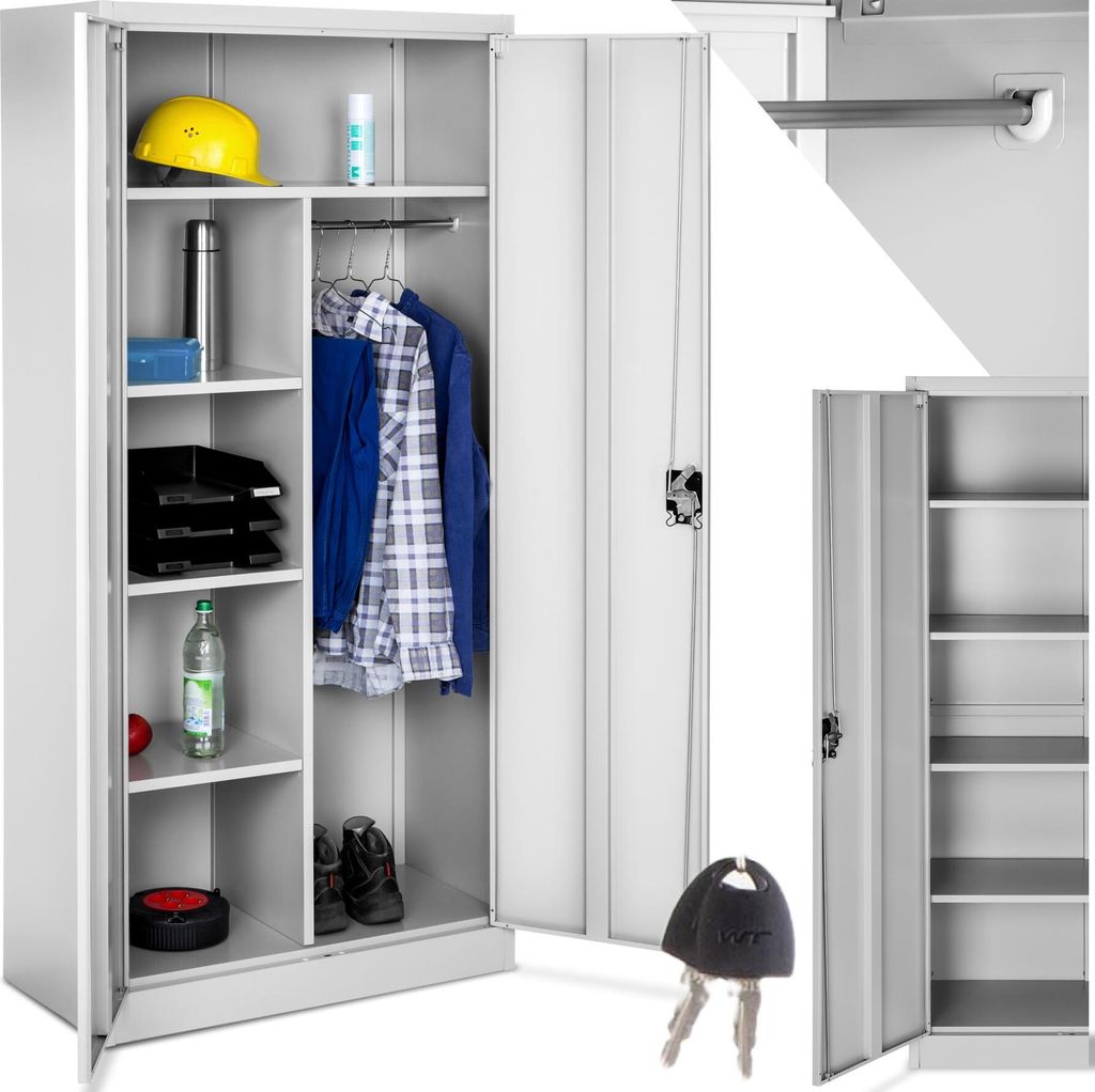An open metal storage cabinet with various items inside, including clothing, a hard hat, and a water bottle. A key is shown in the foreground.
