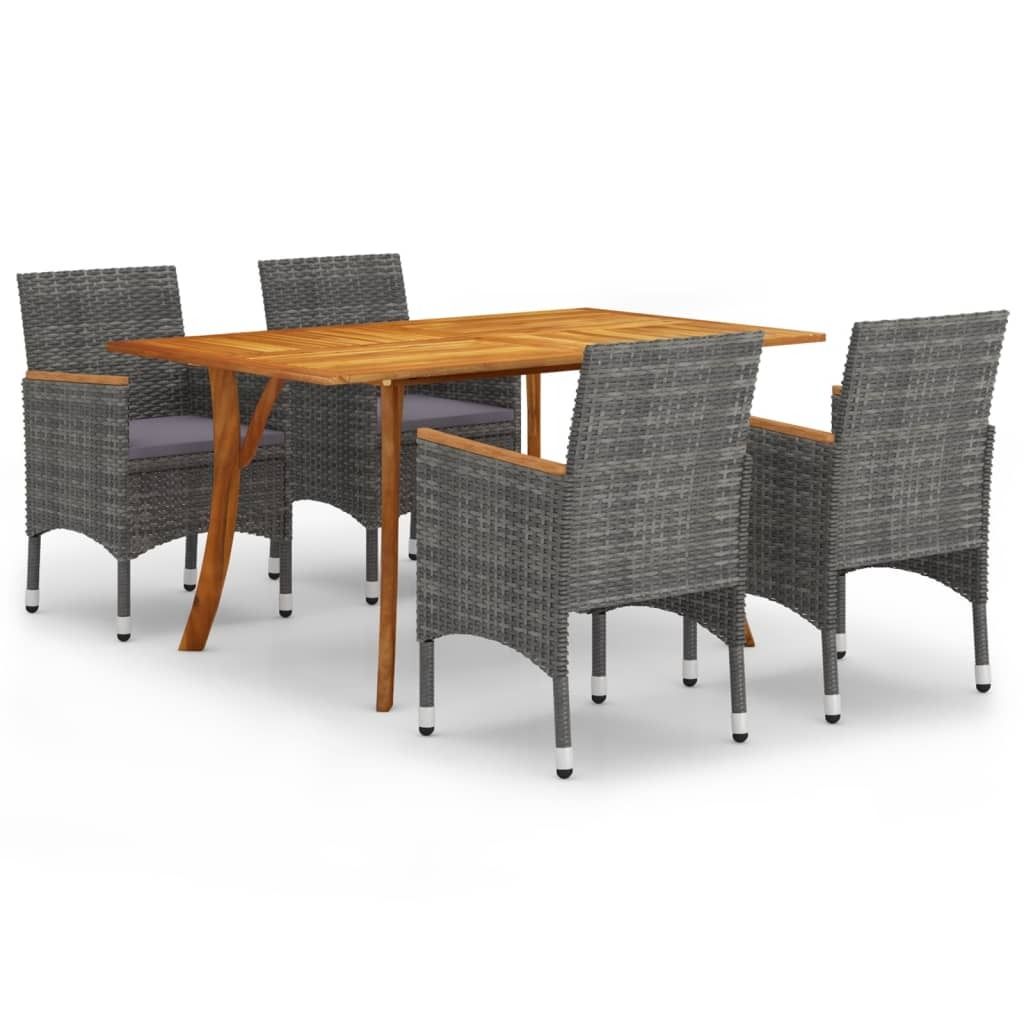 Garten-Essgruppe 5-teilig Grau, Akazienholz & Rattan, Tisch 150x90x75 cm, 4 Stühle 55x58x84 cm