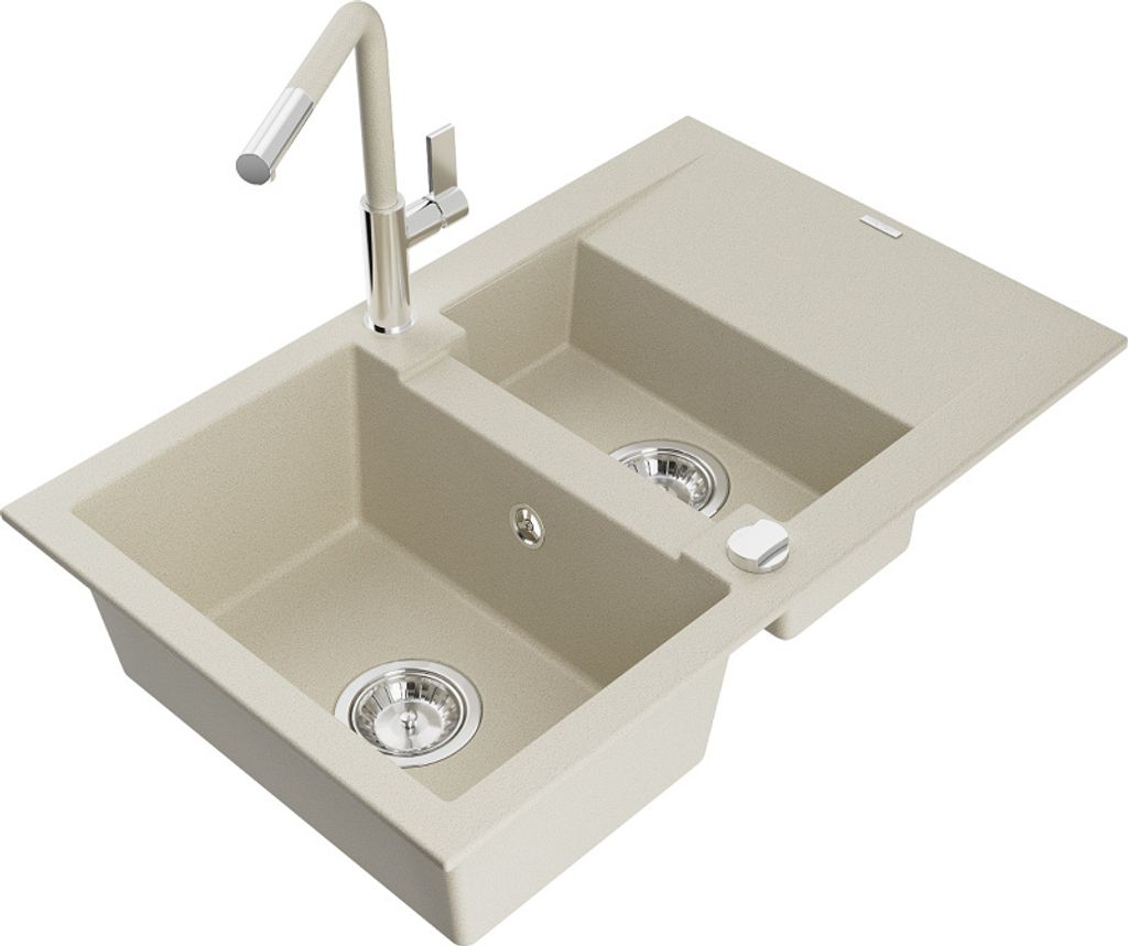 Mexen Gaspar 1,5-Becken-Granitspüle mit Abtropffläche und Mischbatterie Flora, Beige - 6507-69-670401-09