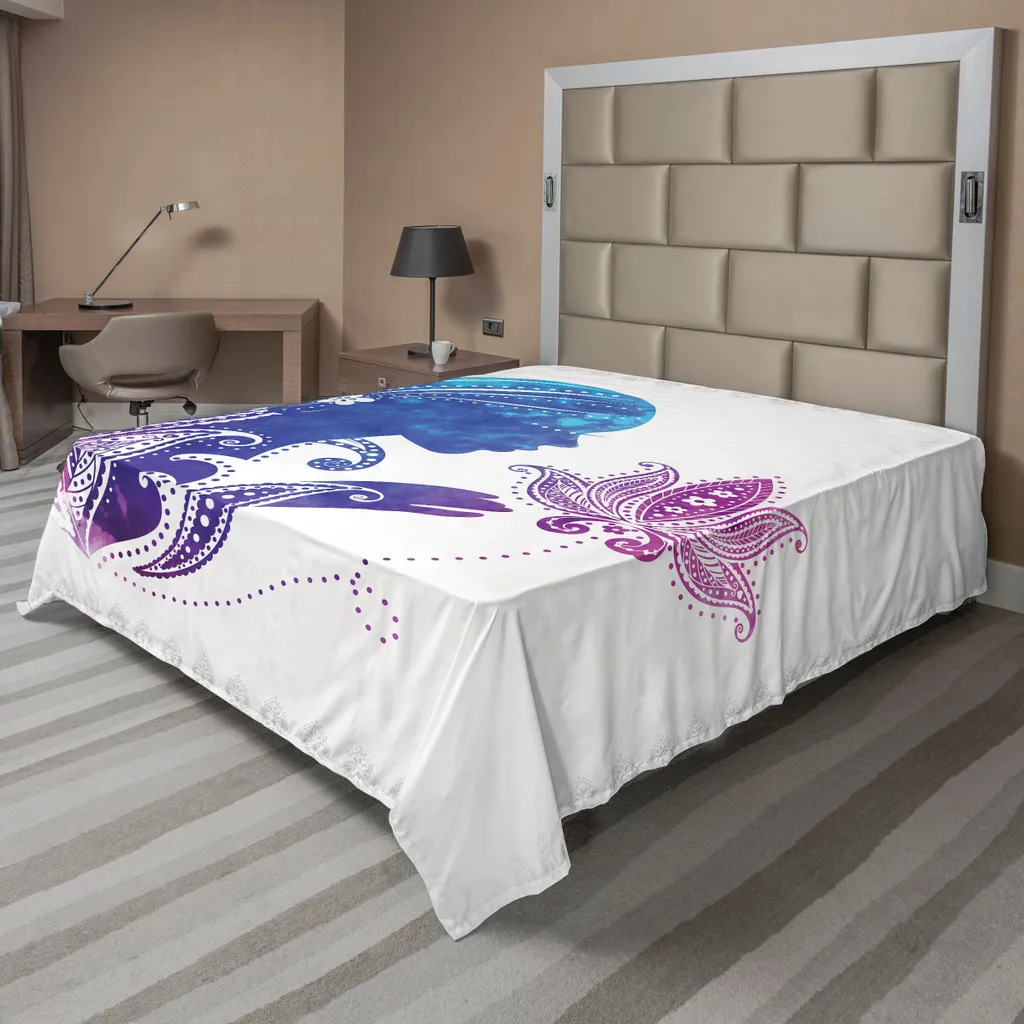 Drap de lit doux imprimé silhouette et fleurs, textile confort violet