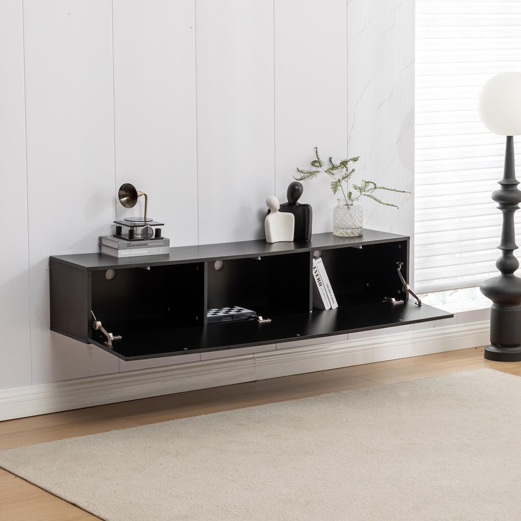 GIHAUVIA TV Lowboard 160 cm Hängeboard Board Schrank für Wohnzimmer Wandschrank mit Hochglanz Schwarz