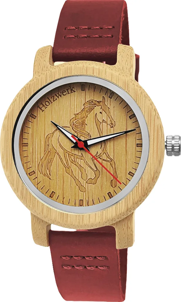 Holzwerk LIL TORI RED Petite Montre Cheval en Cuir et Bois Rouge Foncé