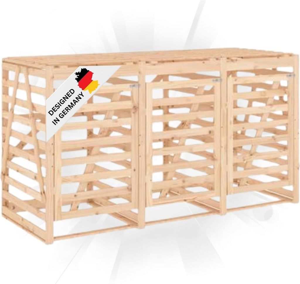 DELUKE 3er Mülltonnenbox Kiefernholz BOUMI | 240x91,5x128,5cm Natur | Mülltonnenverkleidung für 3 Tonnen Müllbox aus Holz Mülltonnenschutz M...