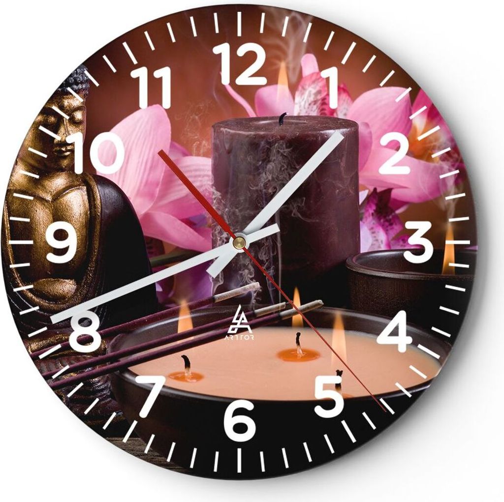 Wanduhr - Rund - Glasuhr - Buddha Kerzen Religion - 30x30cm - Schleichendes Uhrwerk - Lautlos - zum Aufhängen bereit - Dekoration Modern - Wanddek...