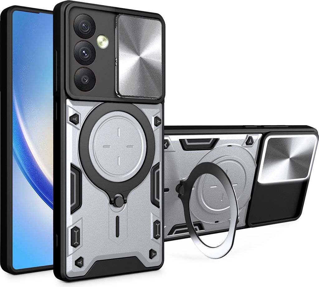 Handyhülle für Samsung Galaxy A34 5G Dual-Layer Stoßfest Rüstung Hülle mit Dia Kameraschutz und Kreisförmig Ring Ständer Silber