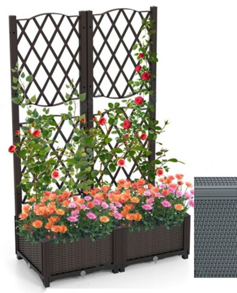 COSTWAY Blumenkasten mit Rankgitter, Pflanzkasten mit Spalier&Selbstbewässerung, Blumenkübel, Gartenspalier Rankkasten Hochbeet, Grau 80x40x122 cm