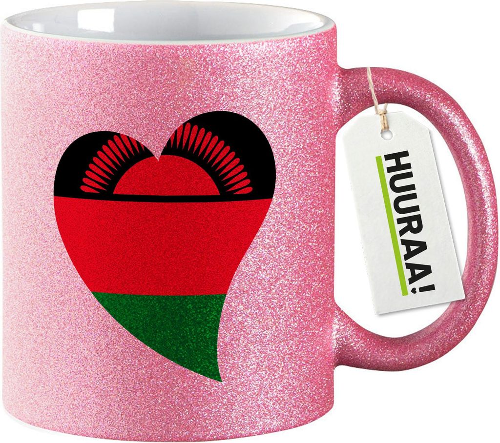 Huuraa Glitzertasse Malawi Flagge Herz 330ml Pink Keramik Kaffeebecher Geschenkidee