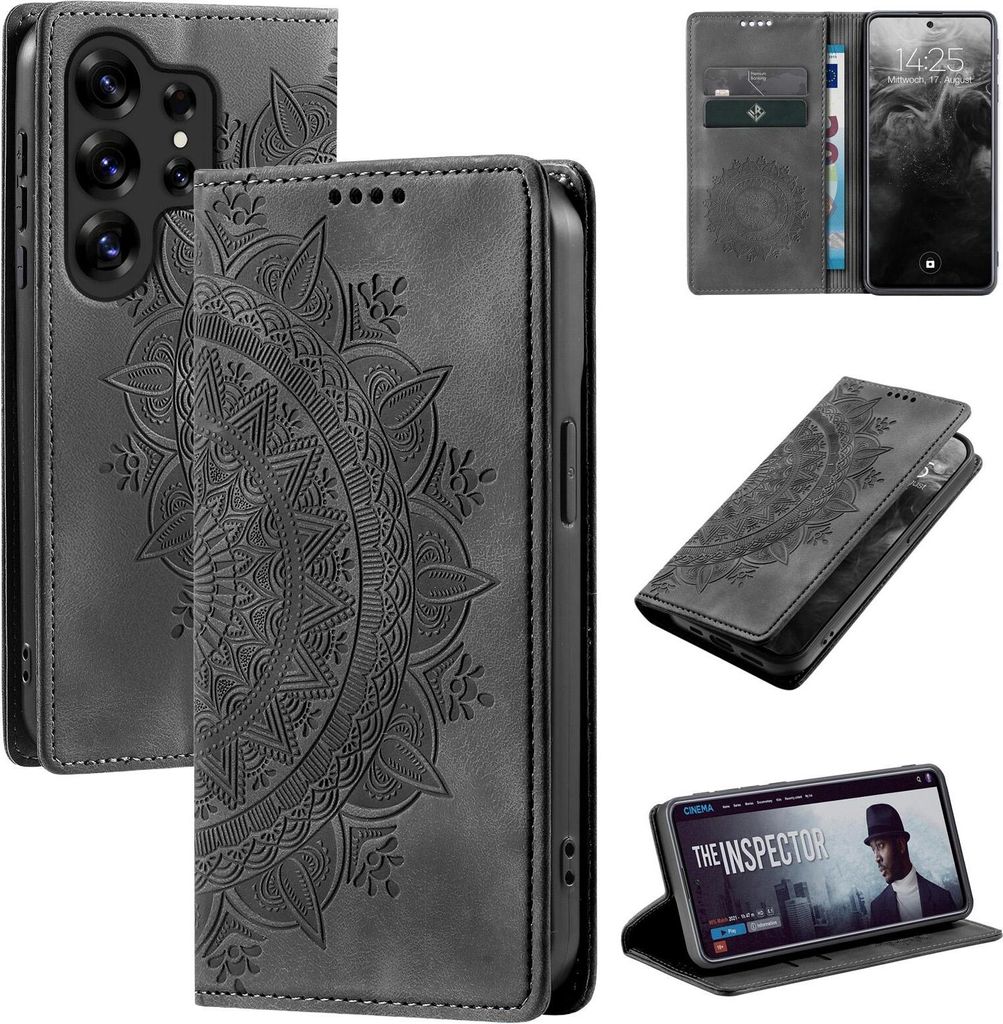 Mandala Handyhülle für Samsung Galaxy S25 Ultra RFID Schutz Klapphülle Case Cover Design Schutzhülle Farbe: Schwarz