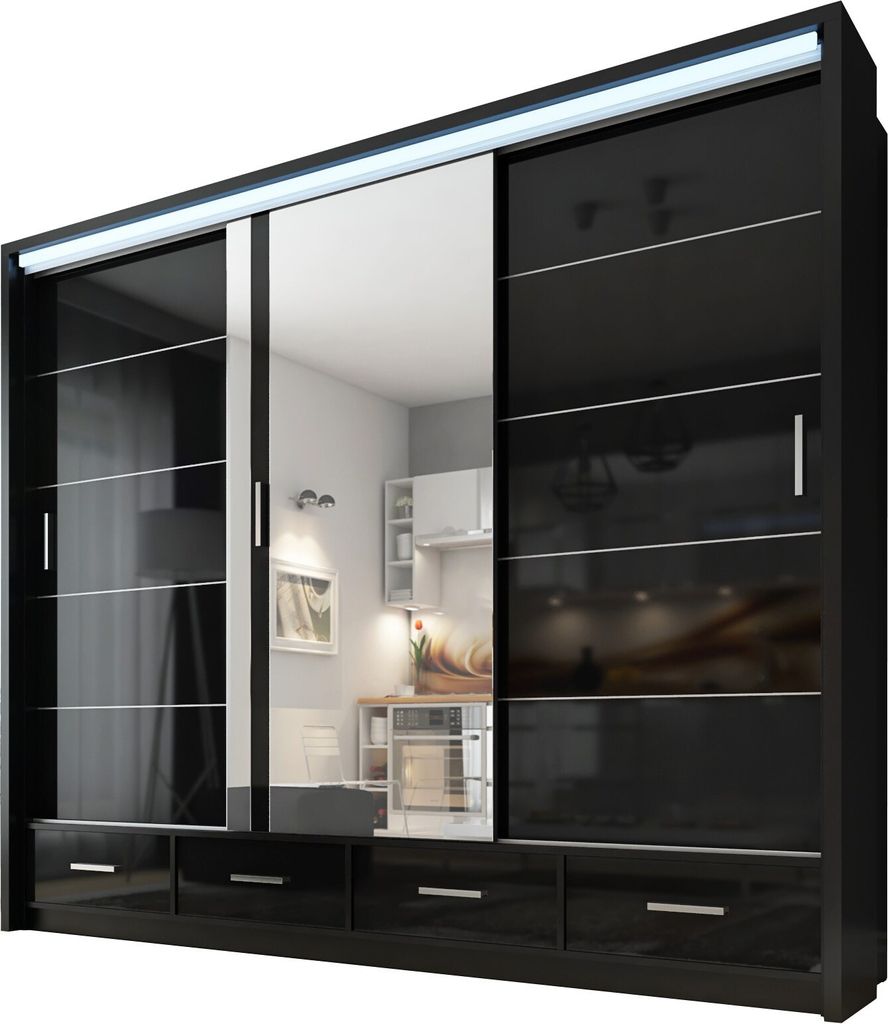 Halbglanz Gross Schwarz Schiebeschrank mit Spiegel Kleiderschrank SYCYLIA 250 CM + LED