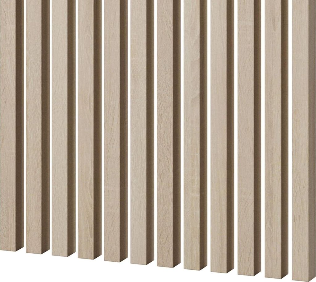A close-up view of vertical wooden slats arranged side-by-side, creating a textured wall paneling effect.
