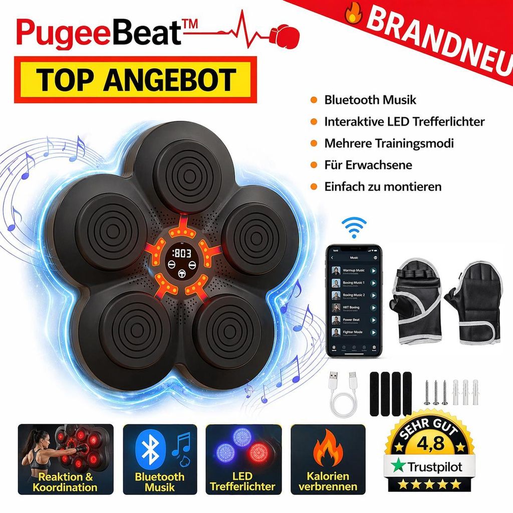 PugeeBeat Musik Boxmaschine Bluetooth LED Smart Boxing Trainer Wand Erwachsene