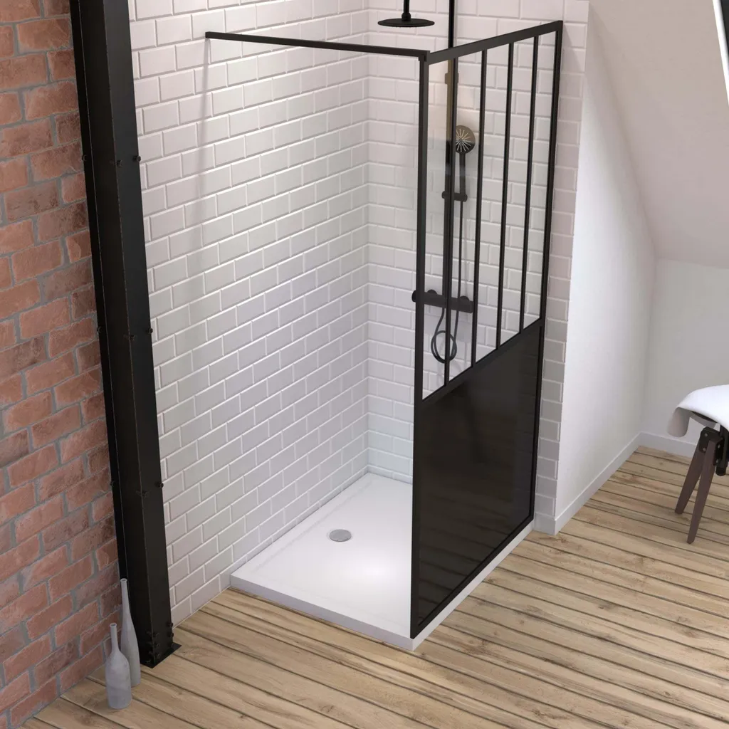 Pack Douche Étanche 100x200 cm Noir Mat Verre 5 mm et Receveur à Poser