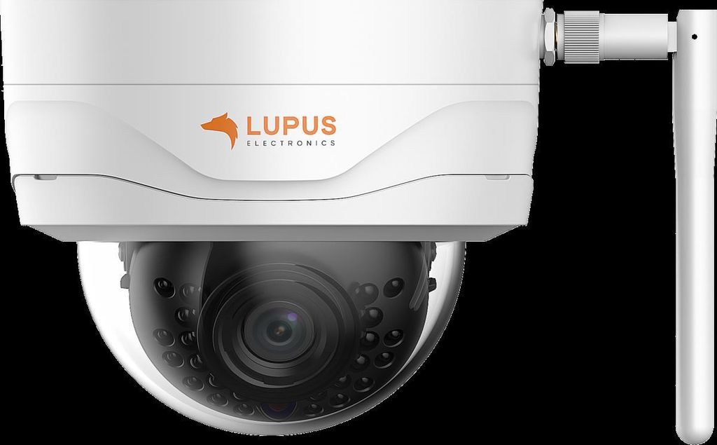 A white dome IP security camera with a black lens is shown against a black background.