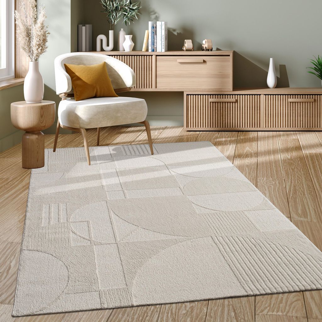 Teppich Wohnzimmer Kurzflor Moderner Japandi Stil 3D Effekt Produktbild 