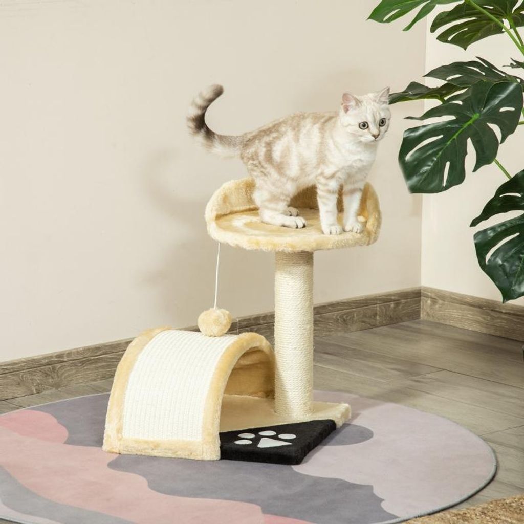 Premium Katzenkratzbaum mit Spielbällen – 35,5x37x46 cm, Beige für Katzen unter 4 kg