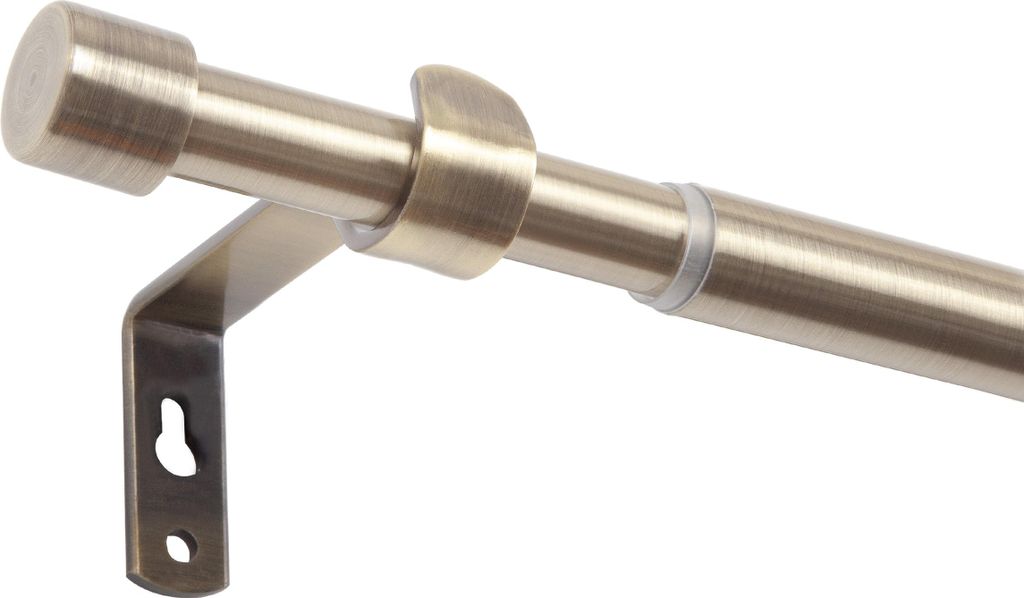 A close-up view of a single curtain rod with a bracket and a ring, isolated on a white background.