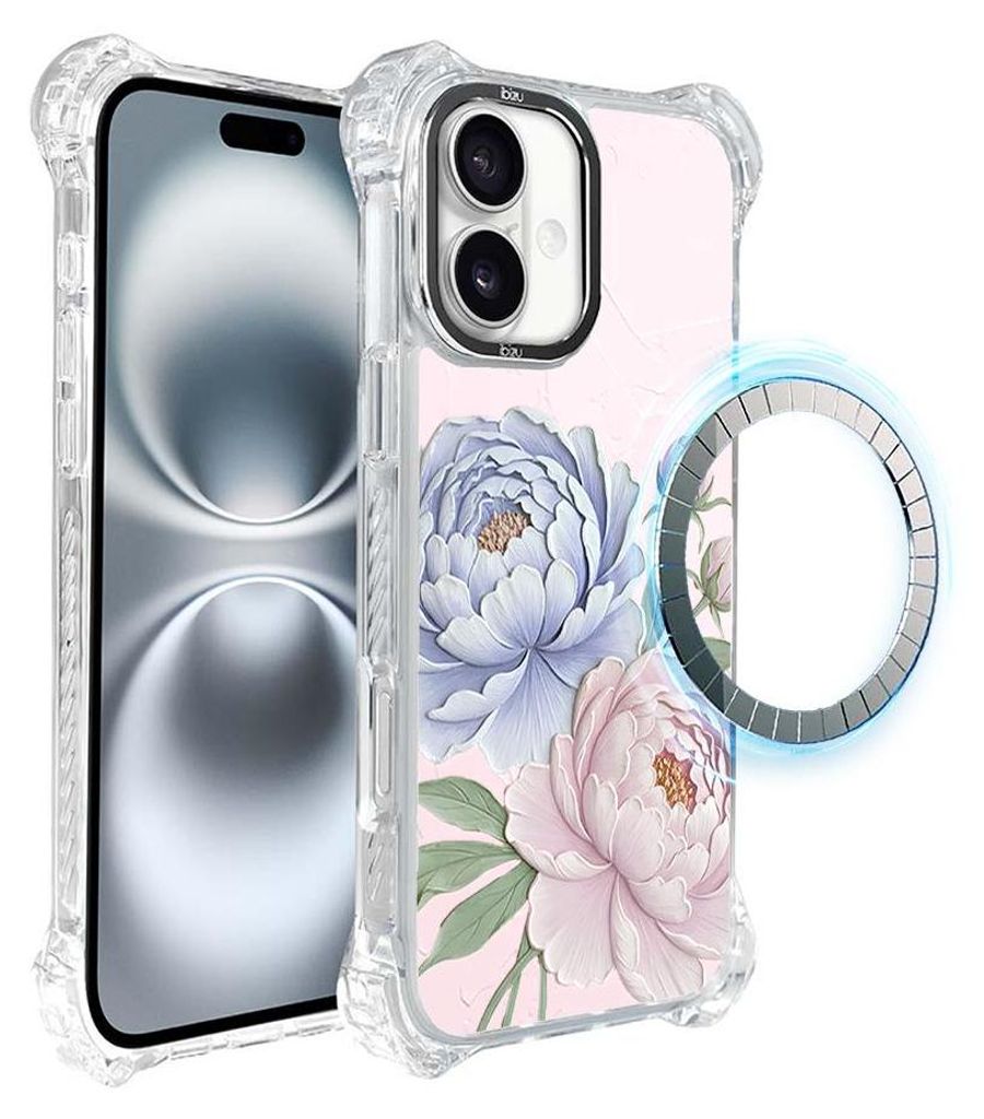 Schutzhülle für das iPhone 16, MagSafe-kompatibel, verstärkte Ecken, transparente Seiten, Blumen, Pfingstrosen