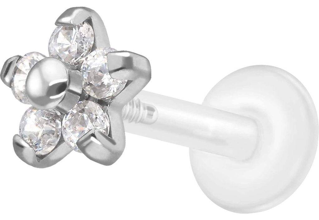 Ohrpiercing, Nasenpiercing PTFE Labret mit Innengewinde + Titan-Aufsatz BLUME MIT 5 KRISTALLEN Silber Stablänge: 9mm | Stabstärke: 1,2mm