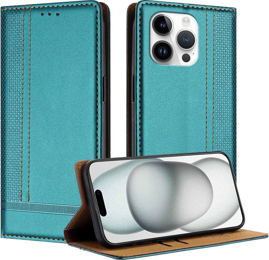 Handyhülle für iPhone 13 Pro Leder Flip Klappbare Schutzhülle mit Standfunktion Grün