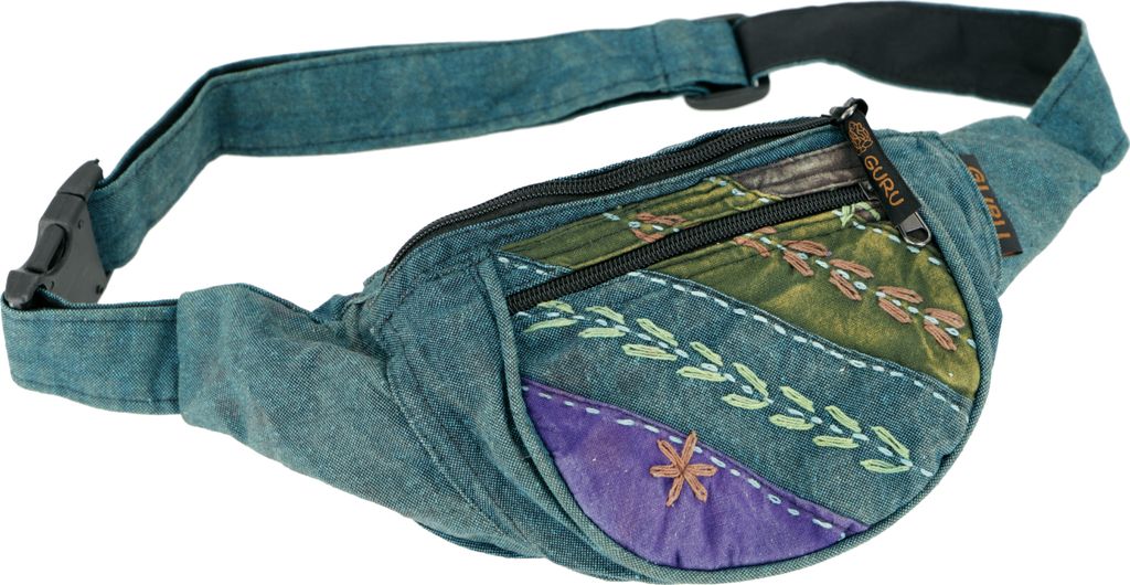 Bestickte Ethno Sidebag, Nepal Gürteltasche - Petrol, Uni - Erwachsene, Blau, Baumwolle, 15*20*8 cm, Festival- Bauchtasche Hippie