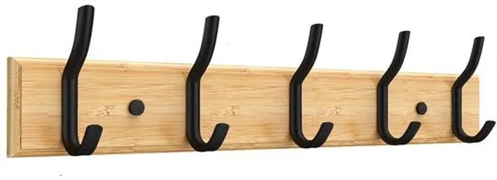 Porte-vêtements sur pied en bambou noir mat avec 5 patères solides