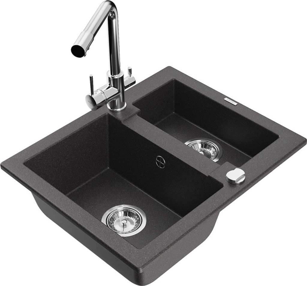 Mexen Carlos 1,5-Becken-Granitspüle mit Mischbatterie Duero, Schwarz gesprenkelt - 6518-76-671600-00