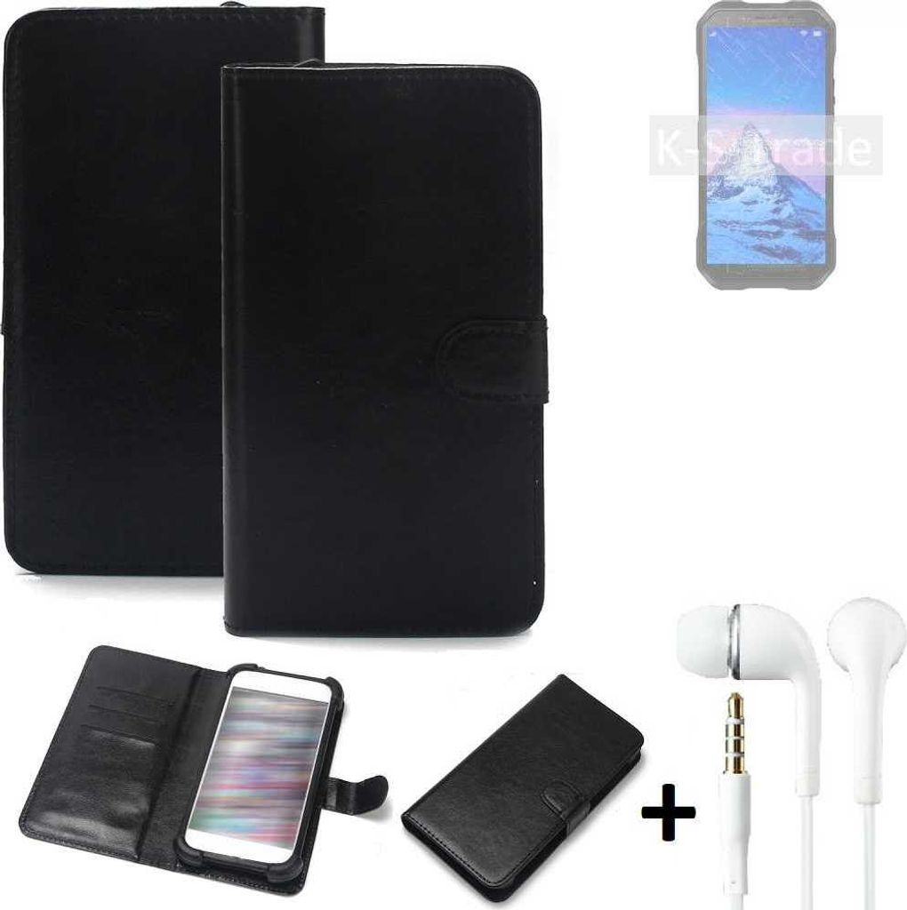 K-S-Trade Wallet Case Handyhülle kompatibel mit Doogee S61 Schutzhülle Flip cover Flipstyle Tasche Hülle Flipcover Slim Bumper schwarz + in ear