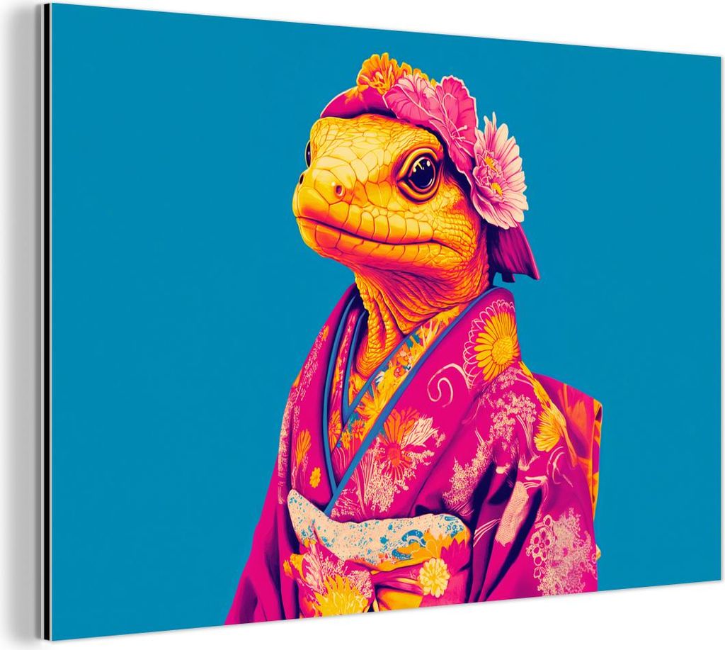 MuchoWow Wanddekoration Metall Metallbild Wandkunst 60x40 cm Blumenkranz - Eidechse - Kimono - Lila MuchoWow Aluminium Gemälde - Gemälder