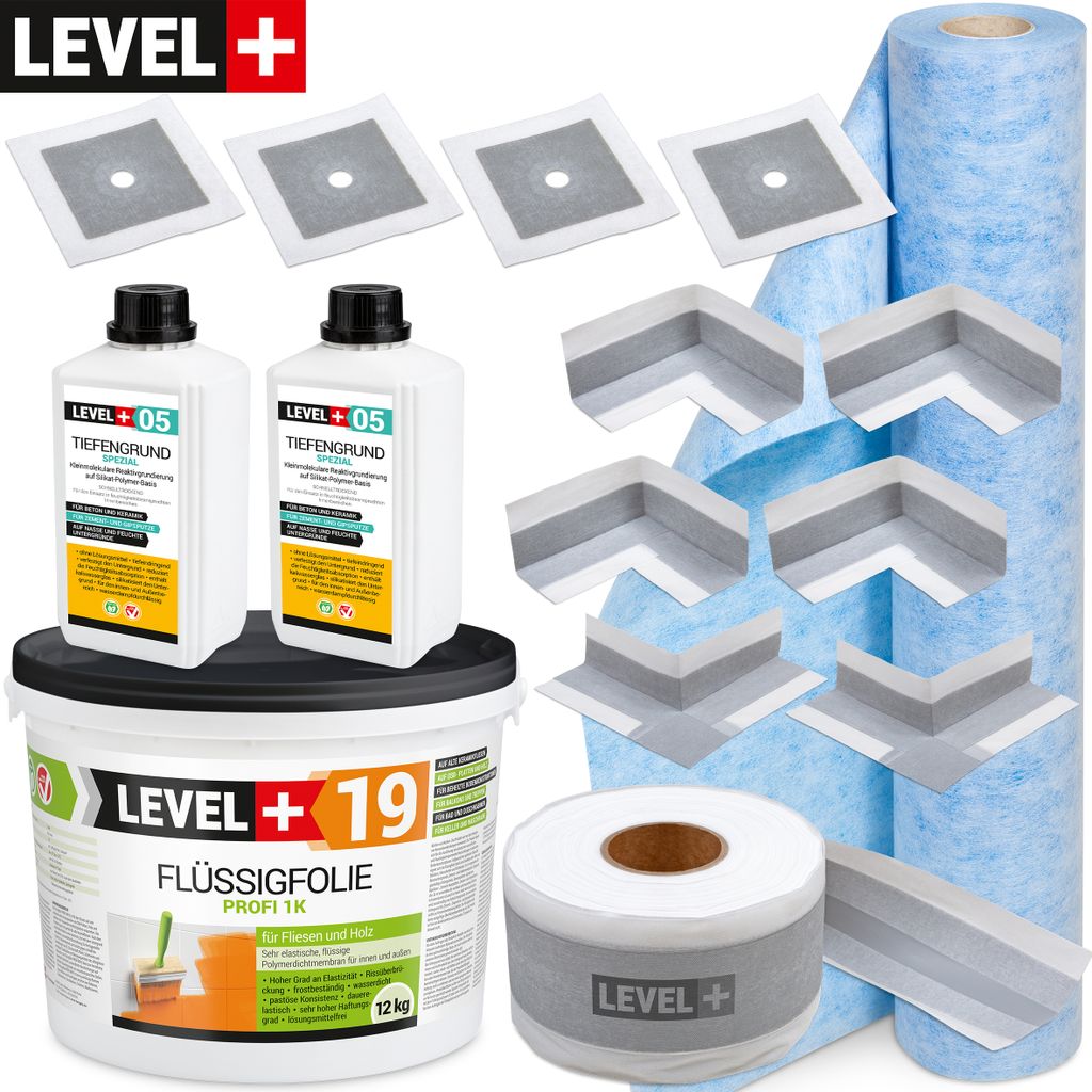 Dichtset Innen Außen Abdichtung-Set SET541 Dichtvlies Flüssigfolie 12kg Auf Holz Fliesen OSB Wasserdicht Dichtband 120/70mm Ausdehnbar