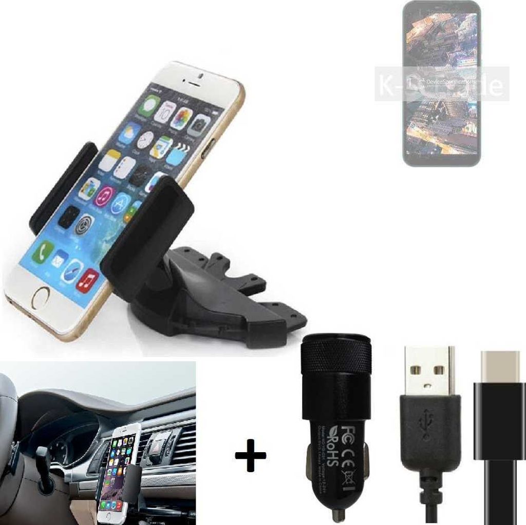 K-S-Trade CD Schlitz Handy-Halterung kompatibel mit Doogee X97 Autohalterung KFZ-Halter Radio Handy Halterung 360° drehbar CD-Schacht inkl. USB-C