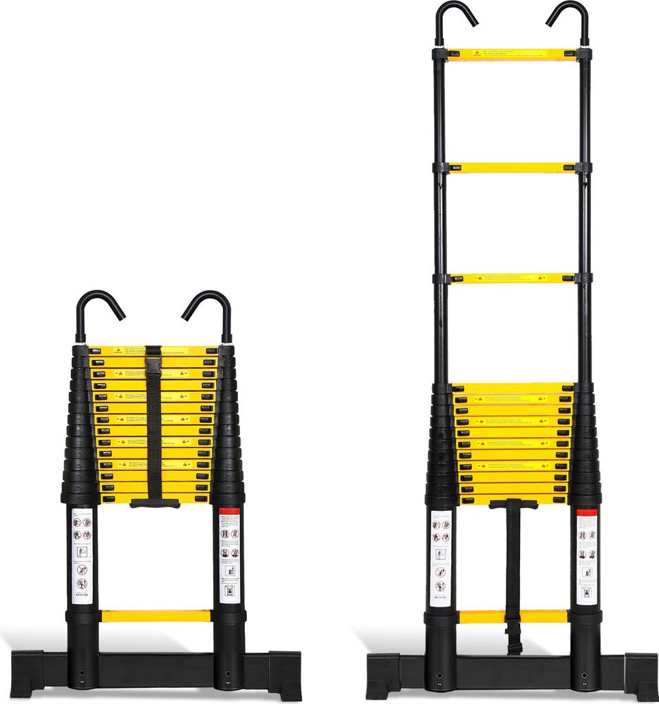 Izrielar Aluminium Teleskopleiter 4,4M schwarz, Leiter Ausziehbar mit Stabilisator und Abnehmbaren Haken, Klappleiter, Mehrzweckleiter, Stehleiter,...