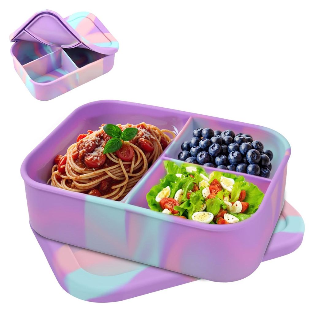 Lunchbox, Silikon-Lunchbox mit 3 Fächern, bruch- und auslaufsichere Batik-Bento-Box, tragbare Lunchbox, BPA-frei, spülmaschinen- und mikrowelleng...
