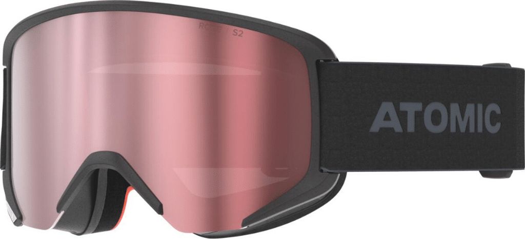 A pair of black ski goggles with a pink lens is shown against a white background.