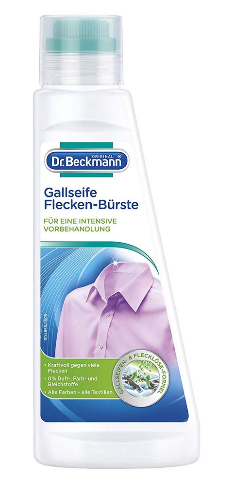 A bottle of Dr. Beckmann Gallseife Flecken-Bürste stain remover with a depiction of a pink shirt.