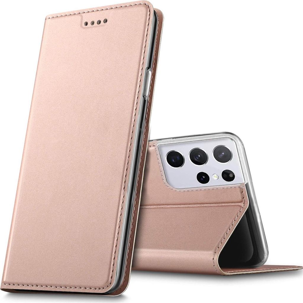 A rose gold flip case for a Samsung Galaxy S21 Ultra phone is shown, with the phone partially inserted into the case.